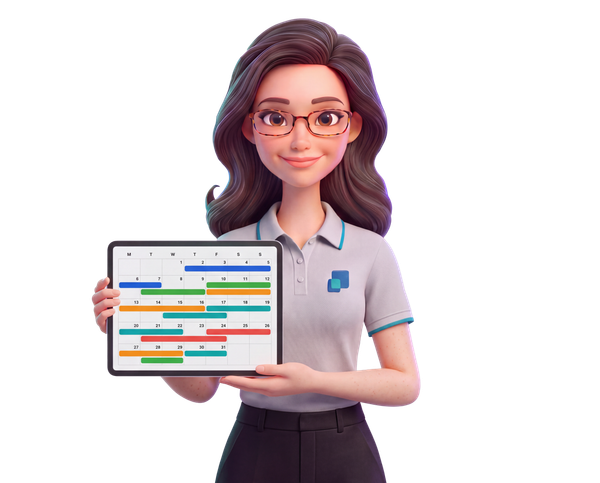 Hannah holding a tablet with a bookings calendar
