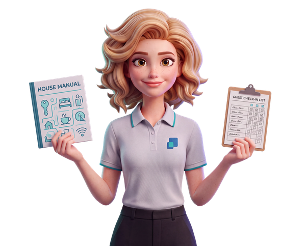 Mia holding a house manual and a guest check-in list