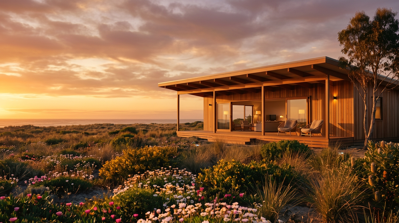 A timber holiday home at dusk, set in coastal heath and wildflowers.