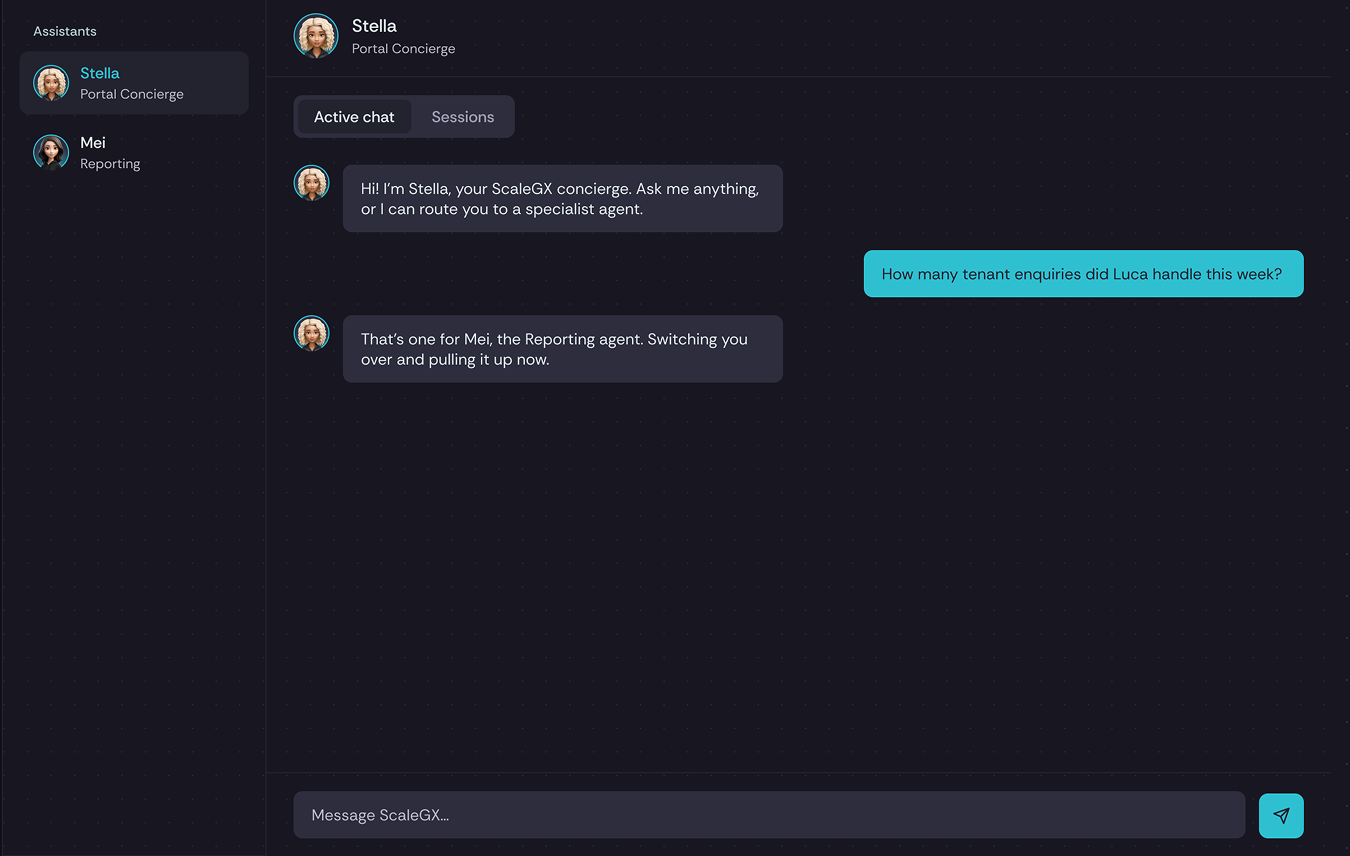 ScaleGX portal chat view, where an agent answers a question with information drawn from the connected knowledge base.