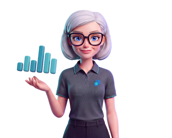 Sharon with a bar chart rising from her hand