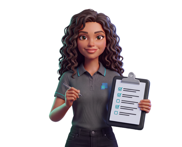 Stella holding a clipboard with a setup checklist